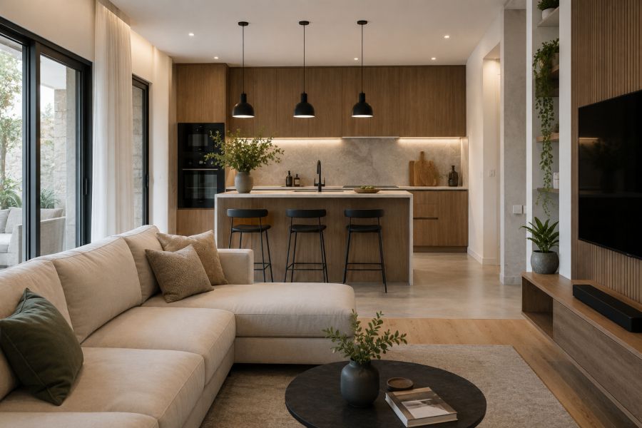 Projeto de remodelação com cozinha moderna integrada à sala e mobiliário por medida