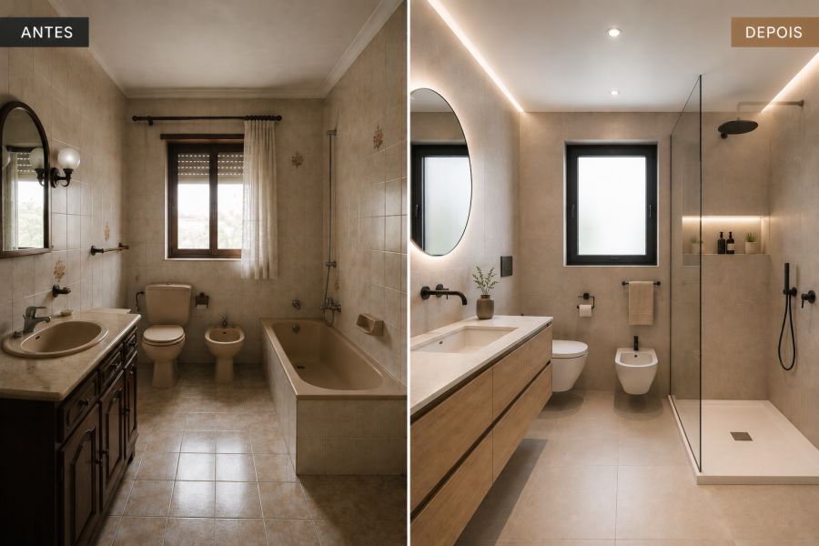 Antes e depois de uma remodelação de casa de banho em Guimarães com base de duche, mobiliário suspenso e iluminação integrada