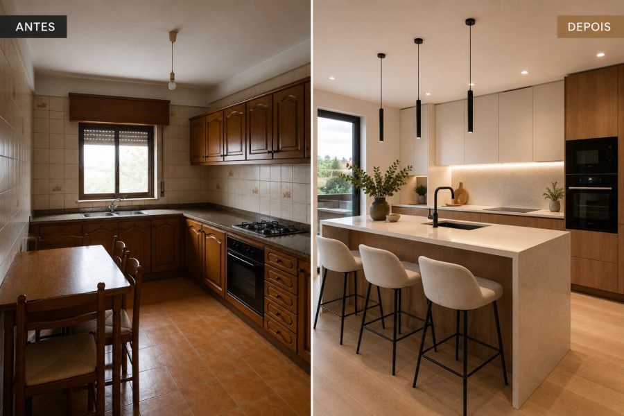 Antes e depois de uma remodelação de cozinha em Braga com mobiliário por medida e ilha central