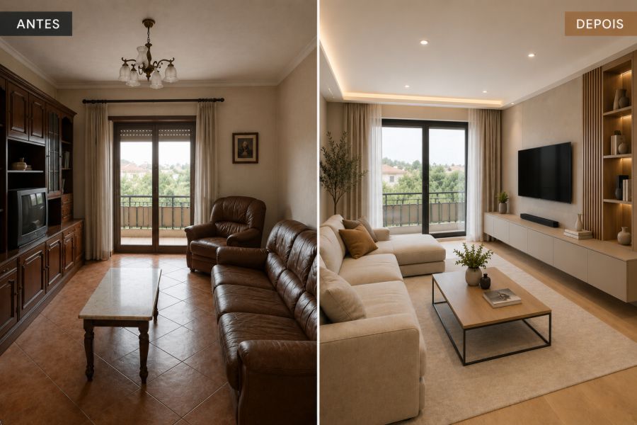 Antes e depois de uma remodelação de sala em Vila Nova de Gaia com carpintaria por medida, iluminação indireta e varanda renovada