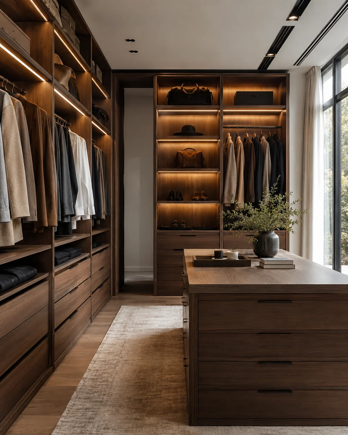 Closet e roupeiro por medida em madeira com iluminação integrada