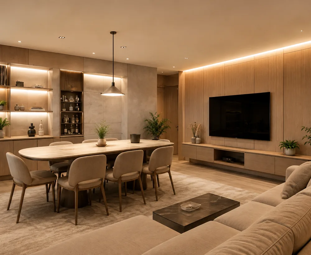 Interior contemporâneo remodelado com integração entre projeto, execução, carpintaria e mobiliário por medida