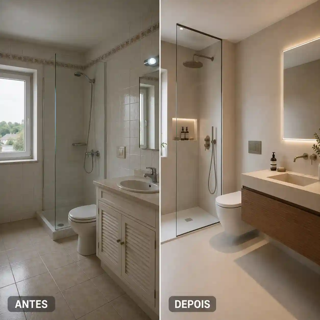 Transformação de casa de banho em Guimarães com ambiente renovado, revestimentos modernos e melhor aproveitamento do espaço.
