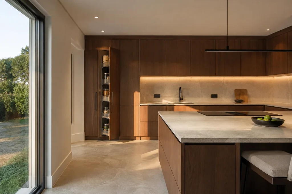 Cozinha moderna com ilha, armários em tom taupe e vista para o exterior, mostrando materiais e acabamentos.