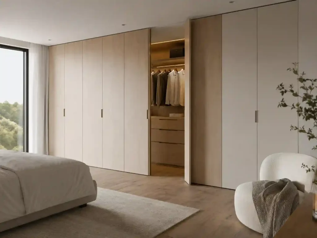 Quarto com roupeiro e closet por medida em madeira, iluminação integrada e zona de arrumação personalizada.