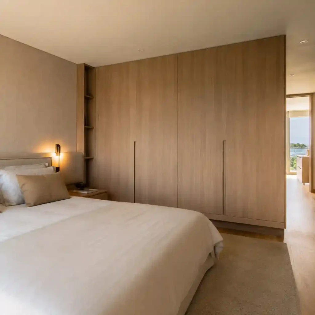 Quarto minimalista com carpintaria e mobiliário por medida, tons claros e iluminação acolhedora.