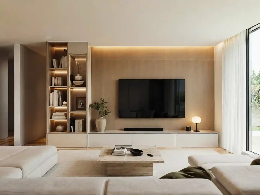 Sala contemporânea com painel de TV, estantes e mobiliário por medida em madeira com iluminação acolhedora.