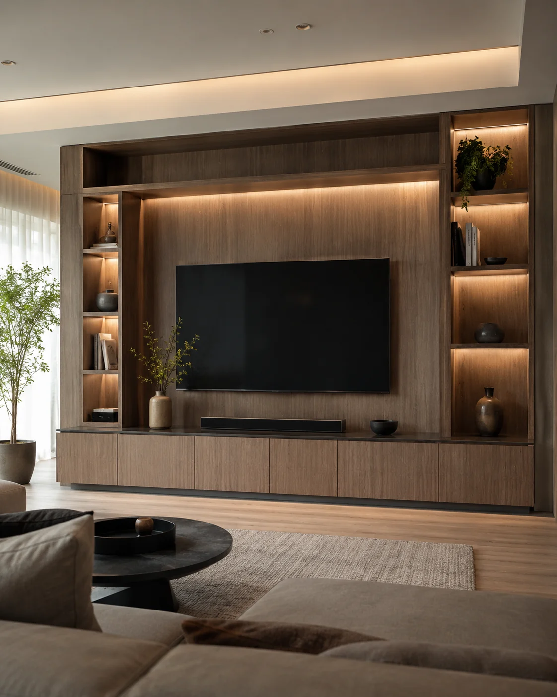 Móvel de sala por medida com painel de TV, estantes e iluminação integrada