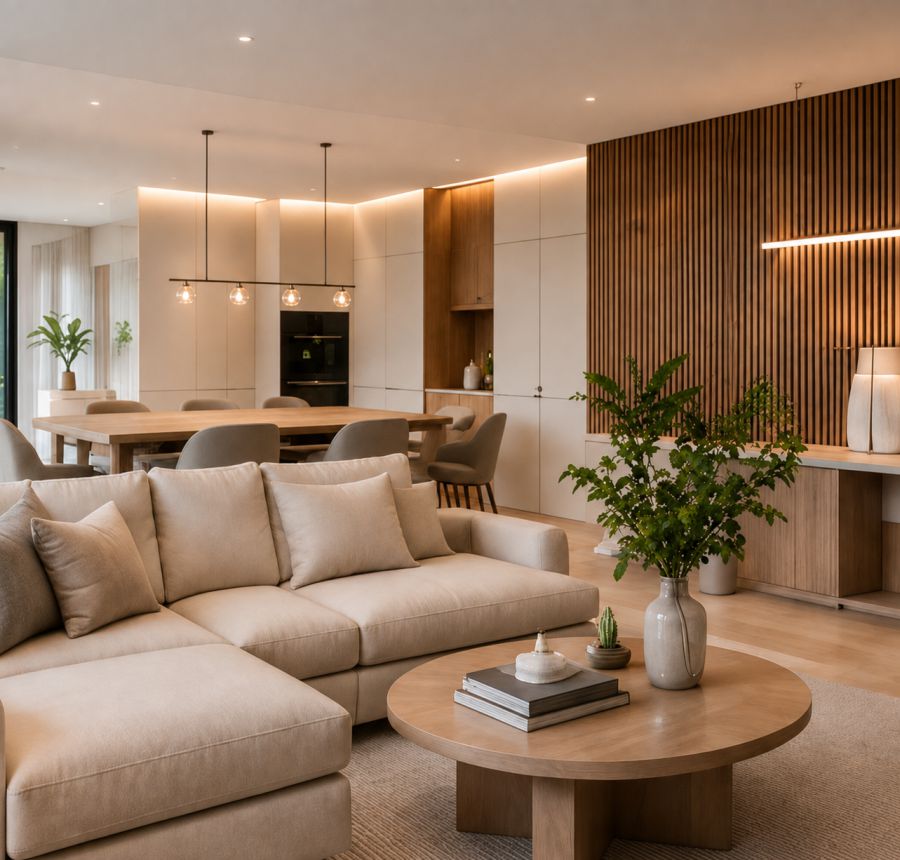 Projeto de remodelação integral de apartamento em Braga com sala integrada, carpintaria e mobiliário por medida