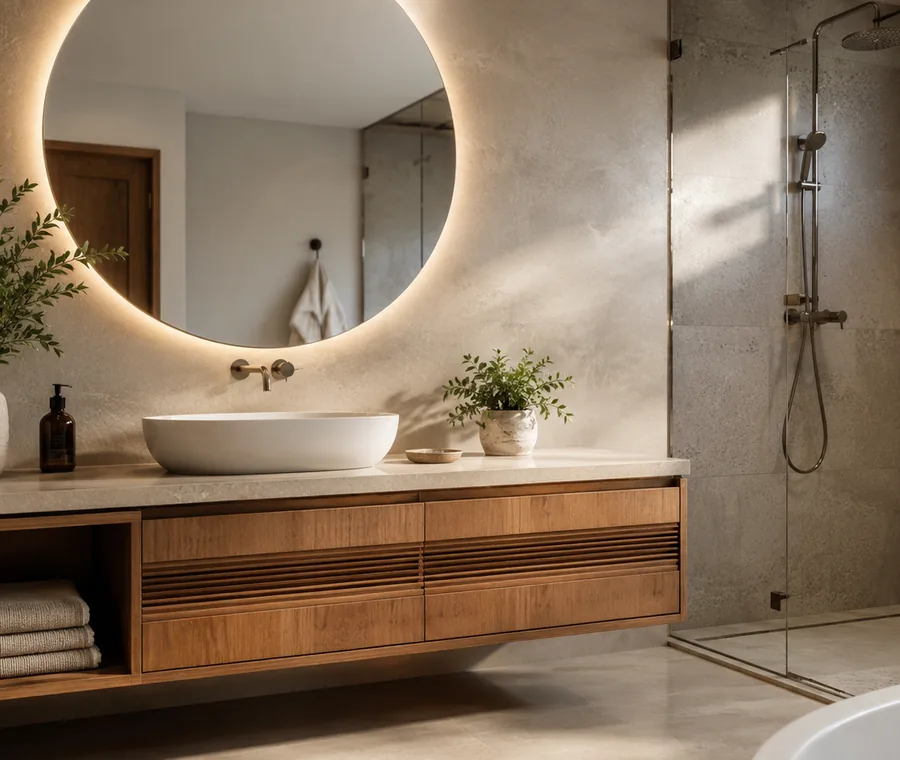 Remodelação de casa de banho em Guimarães com base de duche, móvel suspenso e iluminação integrada