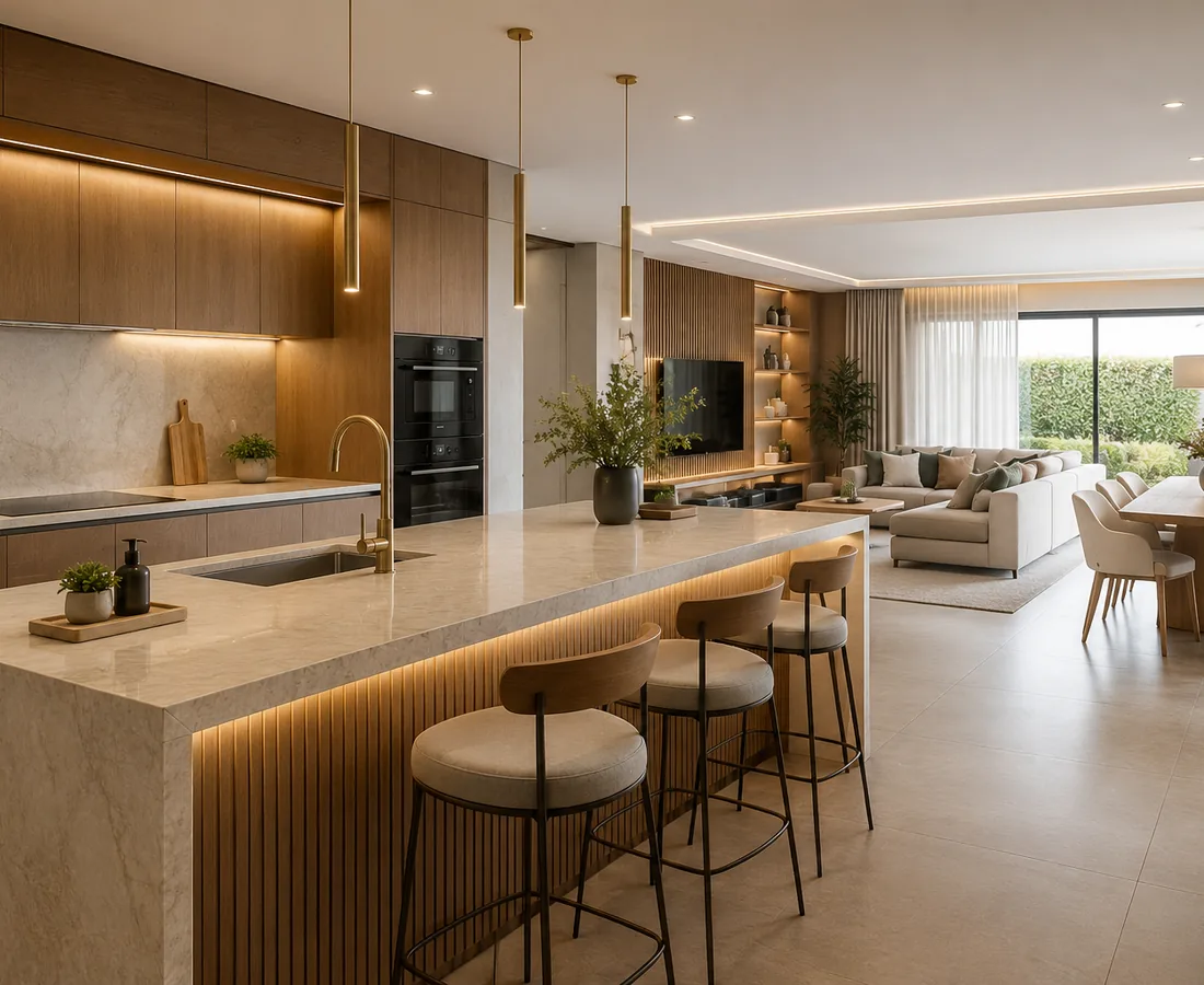 Projeto de remodelação chave na mão com cozinha moderna integrada à sala e mobiliário por medida