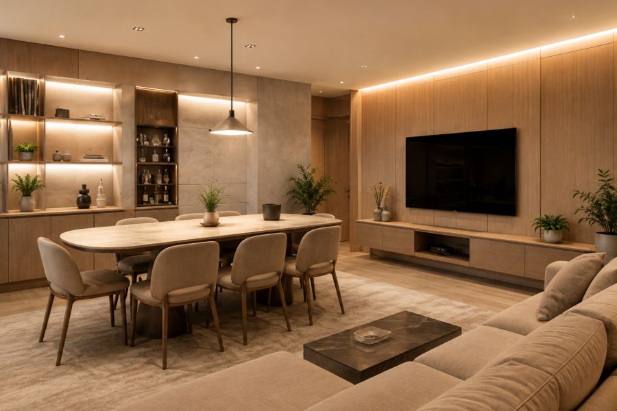 Sala integrada com mobiliário por medida, iluminação indireta e ambiente contemporâneo